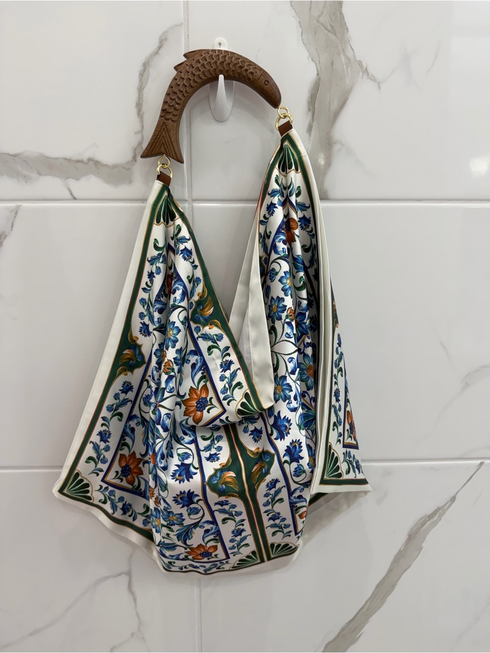 FARM Rio Floral Silk-Print Shoulder Bag in Green, Blue and Cream